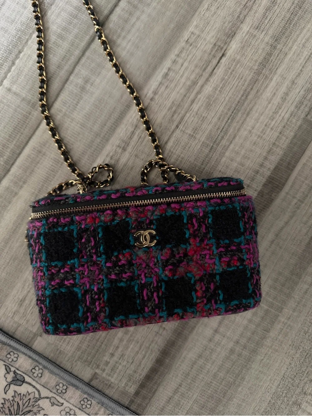 CHANEL Black, Pink & Teal Tweed Vanity Crossbody Bag